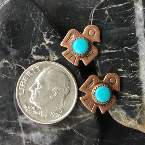 Vintage Copper Turquoise Earrings Thunderbird Southwest Style Pierced - Picture 12 of 12